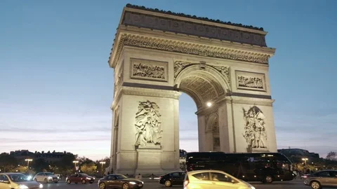 Dusk Panoramic Pan Right Arc De Triomphe Roundabout Traffic Circle Sunset Paris Stock Footage 93341957
