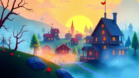 Dusk Scene of Cartoon Village: Animated Low-Poly Sunset With Misty Atmosphere Stock Footage 308847553