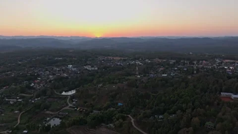 Dusk settles on terraced fields and quiet hillside homes, Thailand Stock Footage 309152199