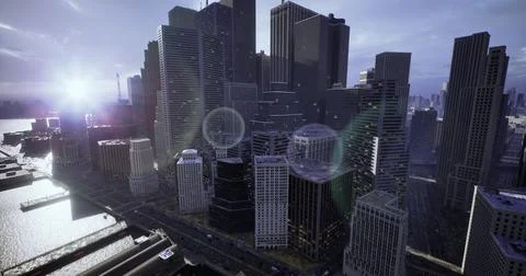 Dusk settling over a bustling metropolitan city skyline with skyscrapers Ilustração Stock