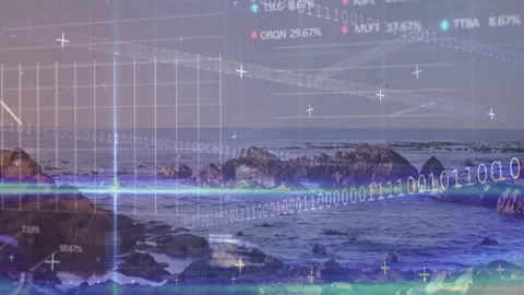 Dusk shoreline starting binary streaming over waves forming panels, tickers Stock Footage 311585954