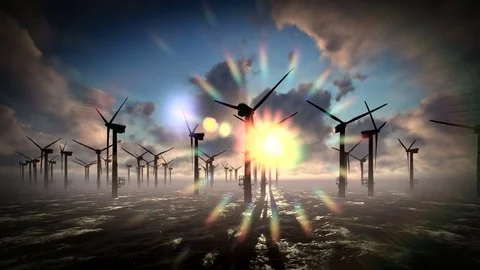 Dusk skies over windmill offshore turbines farm Stock Footage 84818136