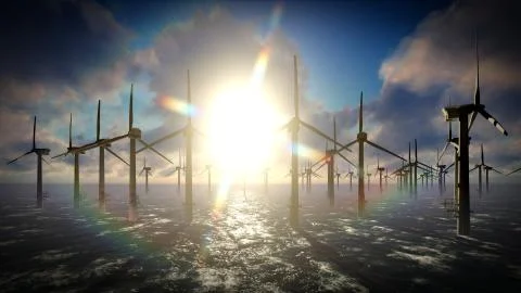 Dusk skies over windmill turbines farm 3d rendering Ilustração Stock