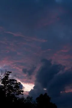 Dusk sky filled with dark dramatic clouds above tree silhouettes at sunset Stock Photos