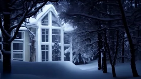 Dusk, slow falling snow, mountains of snow, covered trees and a house in th.. Stock Footage 255894395