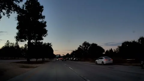 Dusk traffic on a flat tree-lined highway, Los Angeles Video stock 344010934