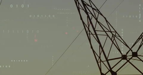 Dusk-triggered binary digits drifting around steel tower while camera shifting Video stock 314742730