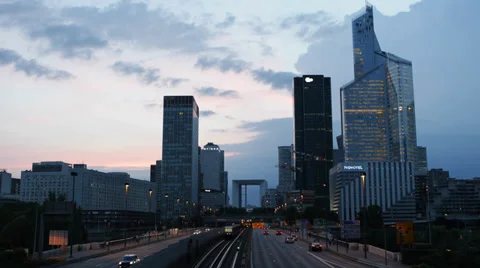Dusk View of La Defense Paris Business District Car Traffic Busy City Commuters Stock-Footage 31950647