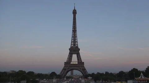 Dusk View Paris Eiffel Tower Trocadero Tourists Vacation Sunset Tour Landscape Stock Footage 52298491