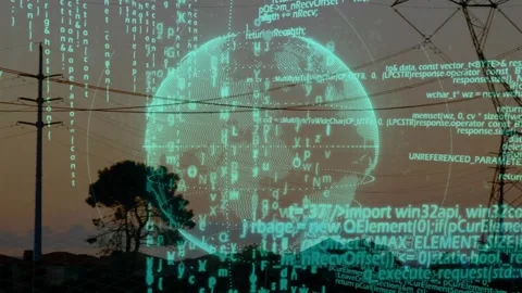 Dusk view with tree and pole, globe appearing code streaming and towers emerging Stock Footage 317369425