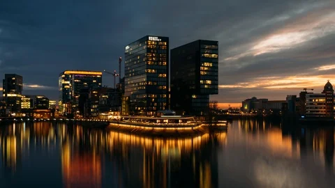 Dusseldorf Cityscape. Germany. Timelapse View sunset 4K. Stock Footage