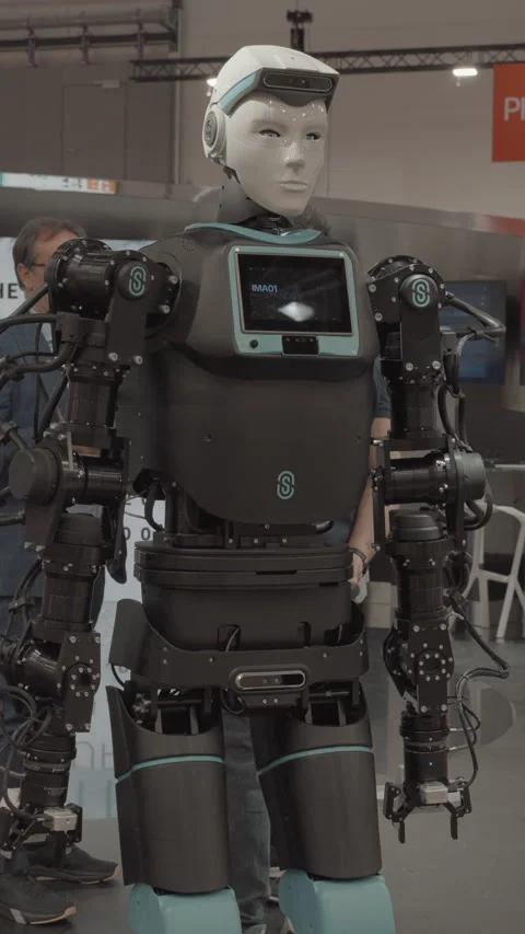 Dusseldorf Germany 7 May 2026 Humanoid Robot Vertical Stock Footage 334822976
