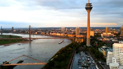 Düsseldorf, Germany - drone hyperlapse shot of the media harbour/ cityscape Stock Footage