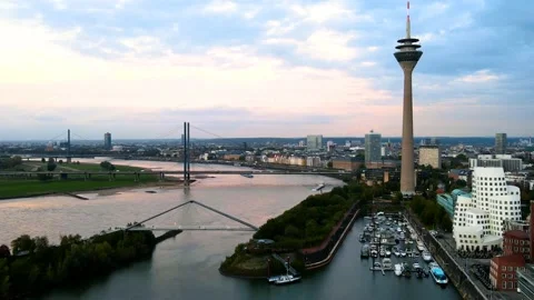 Düsseldorf, Germany - drone hyperlapse shot of the media harbour/ cityscape Stock Footage 140917235