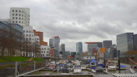 DÜSSELDORF, GERMANY - Modern Architecture in the Media Harbour District Stock Footage