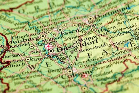Dusseldorf on map Stock Photos