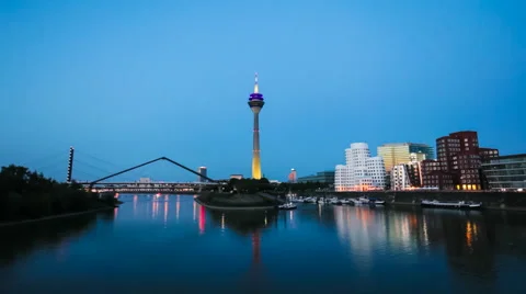 Dusseldorf Skyline at Night, Germany Stock Footage 40428223