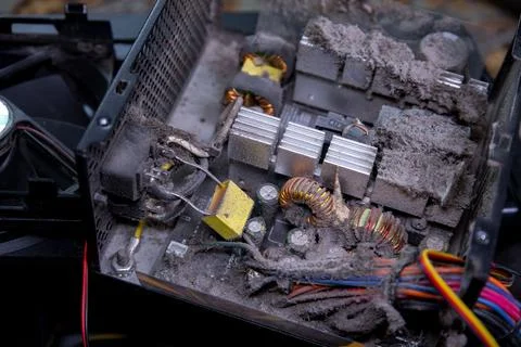Dust accumulation inside a computer power supply unit shows the need for regular Stock Photos