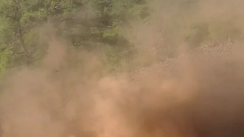 Dust and debris cloud rising from rocky landslide in forest. Slow-motion, copy Stock Footage 302906458