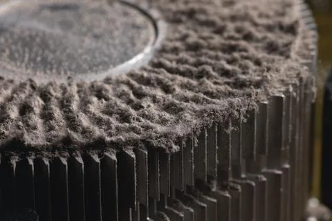 Dust and dirt on the pc processor cooling heatsink. Close-up Stock Photos