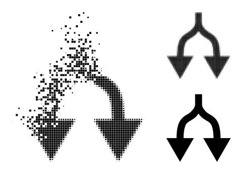 Dust and Halftone Dotted Split Arrows Down Glyph Stock Illustration