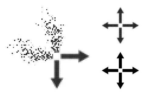 Dust and Halftone Pixelated Expand Arrows Icon Stock Illustration