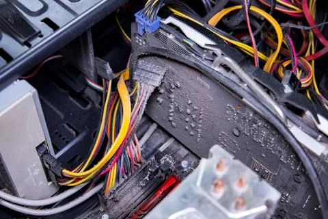 Dust buildup in computer case reveals messy wiring and components in a personal Stock Photos