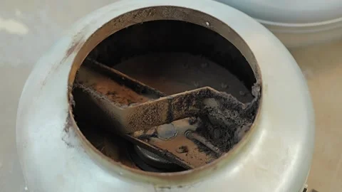Dust Clogged Inline HVAC Duct Fan Revealing Poor Ventilation System Maintenance Stock Footage 341845212