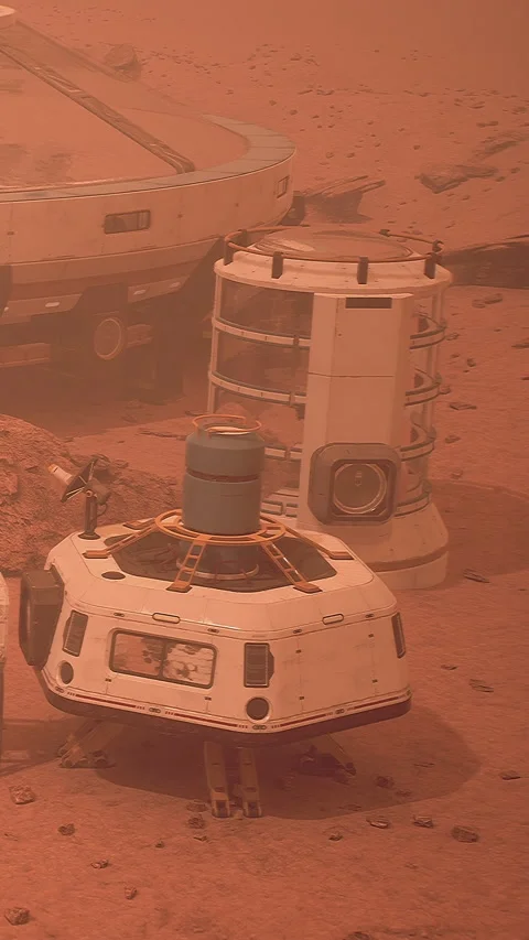 Dust covers the ground as structures sit on the Martian surface Stock Footage 338386645