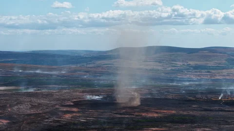 Dust Devil Rising from Burnt Heathland in Brecon Beacons, Wide Angle Stock-Footage 343403514
