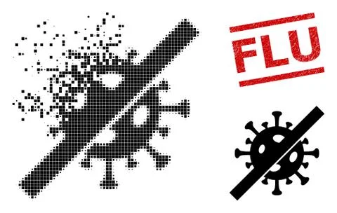 Dust Dot No Flu Virus Icon and Textured Flu Stamp Stock Illustration