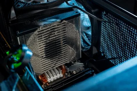 Dust inside of a broken computer. complication of the PC. fan and other computer Stock Photos