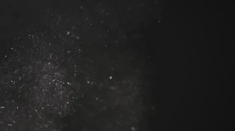Dust particles float in neutral light on black background Stock Photos