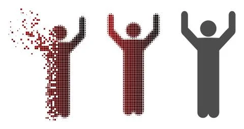Dust Pixelated Halftone Hands Up Pose Icon Ilustración de archivo