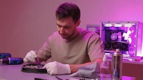 Dust removal from electronic components. Delicate maintenance of computer fan Stock Footage 347877570