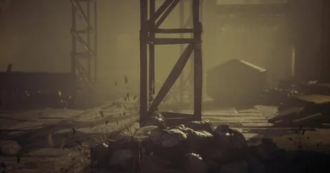 Dust settles over abandoned construction site at dusk with scattered debris Ilustração Stock