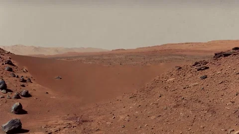 Dust storm over the Mars planet surface. Rock landscape of the red planet. 動画素材 148275412