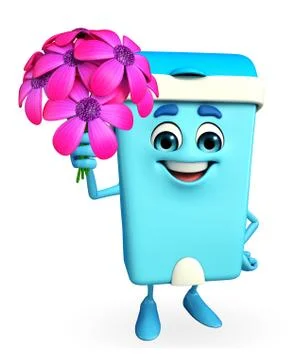Dustbin character with flowers Illustration