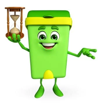 Dustbin character with sand clock Stock Illustration