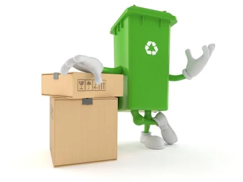 Dustbin character with stack of boxes Illustrazione stock