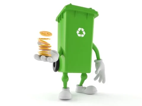 Dustbin character with stack of coins 스톡 일러스트