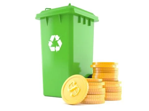 Dustbin with stack of coins 库存插图