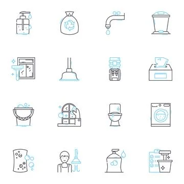 Dusting elements linear icons set. Dust, Sweep, Clean, Vacuum, Particles Stock Illustration