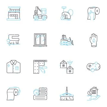 Dusting linear icons set. Cleaning, Dirt, Dust, Grime, Sanitize, Vacuuming Illustrazione stock