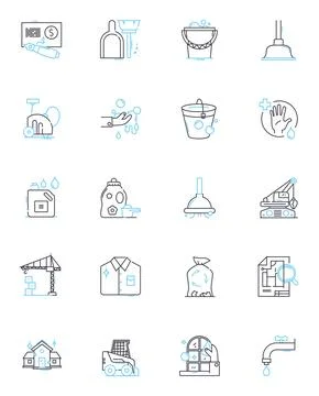 Dusting linear icons set. Cleaning, Dirt, Dust, Grime, Sanitize, Vacuuming Illustrazione stock