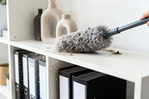 Dusting a shelf with a duster, removing dust from a white shelf Stock Photos