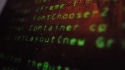 Dusty and old computer screen display with running source code Stock Footage 111436068