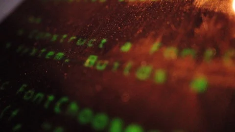 Dusty and old computer screen display with running source code Video stock 111436604