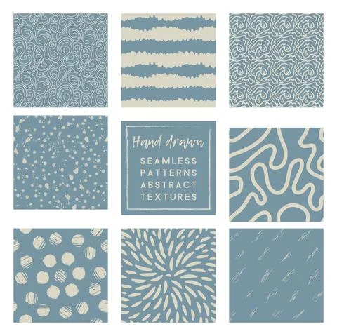 Dusty blue doodle patterns collection with simple hand drawn elements Stock Illustration