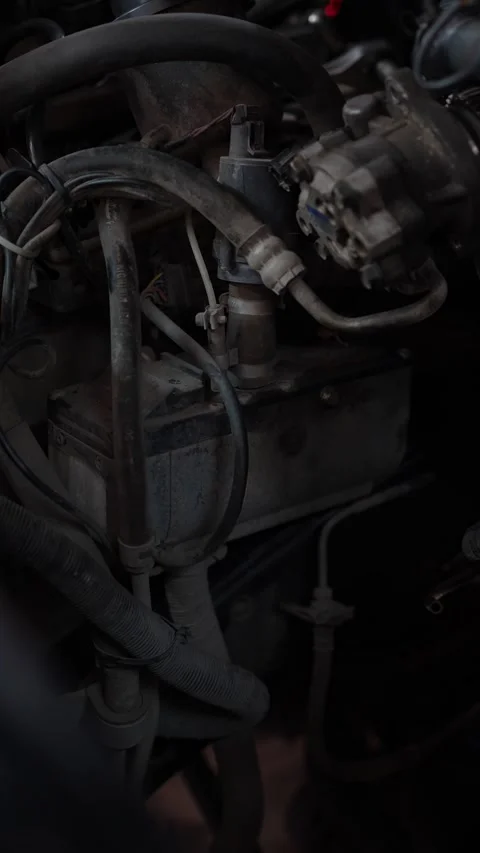 A dusty car engine compartment displays a fuel filter housing assembly connec Stock Footage 345110561